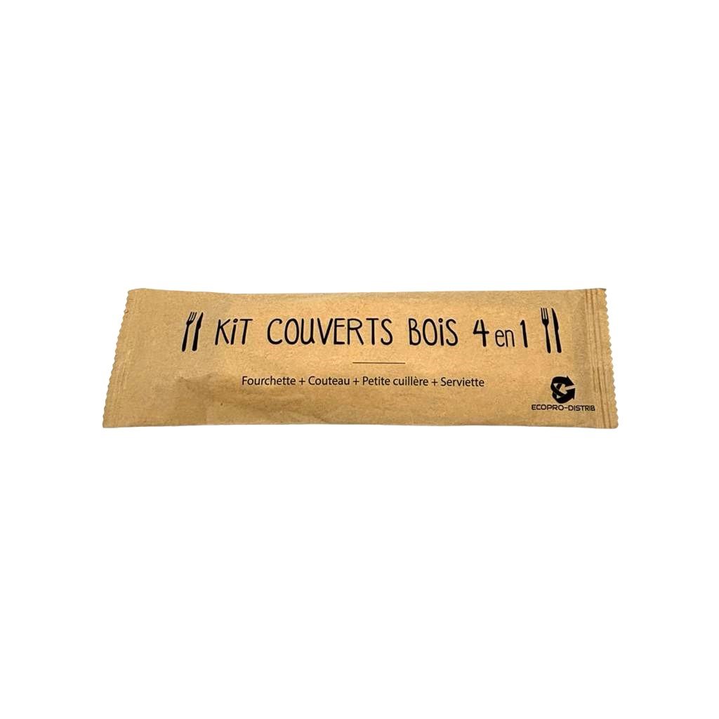 Kit couvert en bois 4en1 Fourchette + Couteau + Cuillère + Serviette E&C