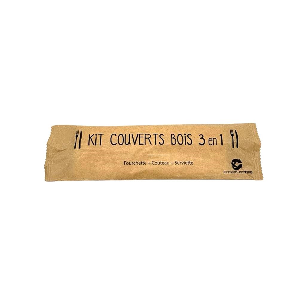 Kit couvert en bois 3en1 Fourchette + Couteau + Serviette E&C