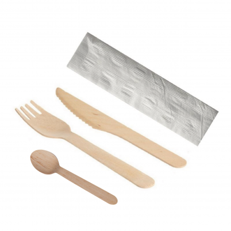 Kit couvert en bois 4en1 Fourchette + Couteau + Cuillère + Serviette E&C